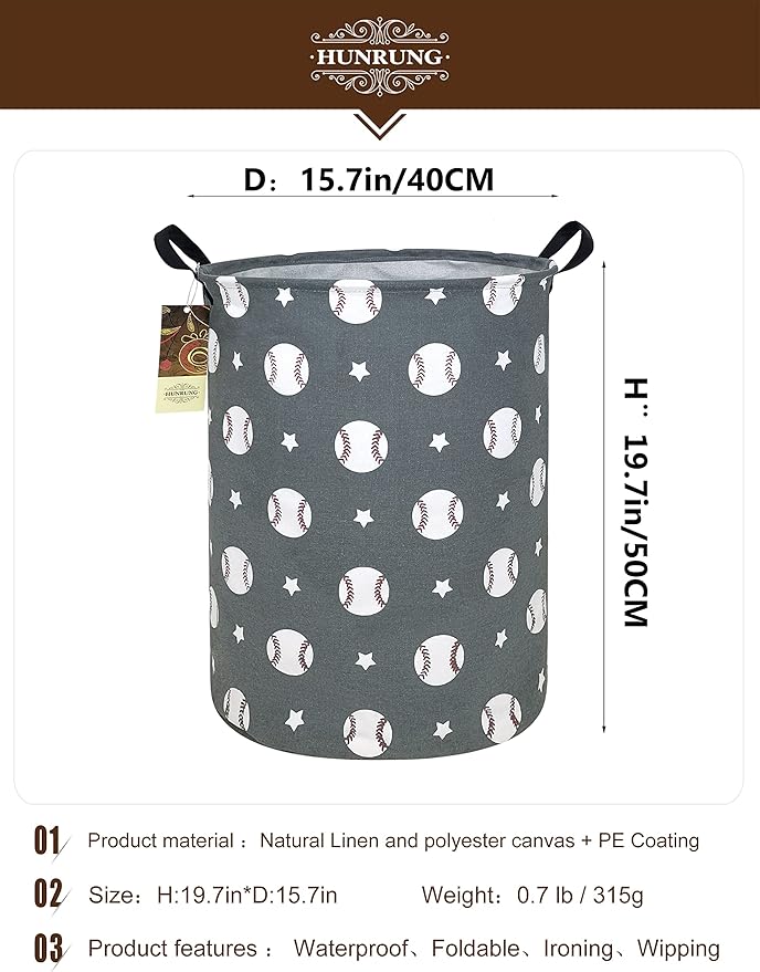 HUNRUNG Laundry Hamper,Large Canvas Fabric Lightweight Storage Basket Toy Organizer Dirty Clothes Collapsible Waterproof for College Dorms, Children Bedroom,Bathroom???Round-Grey Baseball???