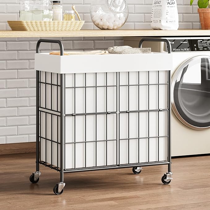 2 Section Laundry Hamper with Wheels and Brake, 100L Laundry Sorter Cart with 2 Removable Liner Bags, Metal Handle, Rolling Laundry Basket for Bedroom Laundry Room