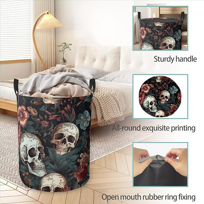 Laundry Hamper Foldable Oxford Cloth Retro Skull Flower Laundry Basket With Handle Portable Clothes Storage Organizer Basket Storage Bag For Laundry Room/Bedroom/Bathroom