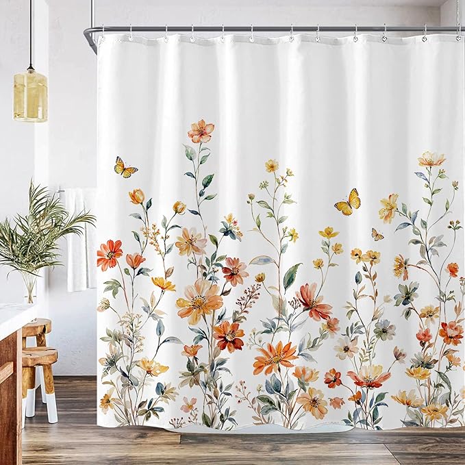 Aipon Watercolor Floral Shower Curtain Colorful Wildflower Shower Curtains for Bathroom Boho Pink Orange Spring Flower Butterfly Botanical Waterproof Fabric Bath Curtain Decor 72 X 72 Inches