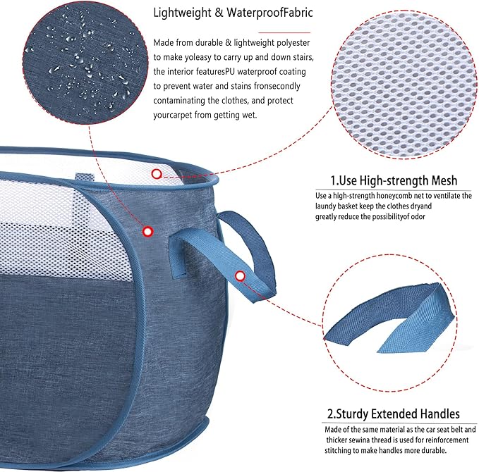 pop-up laundry basket???with Durable Handles collapsible Mesh laundry Hamper,Easy to Open and Fold,Premium Cationic Fabric?€? (Cationic blue)