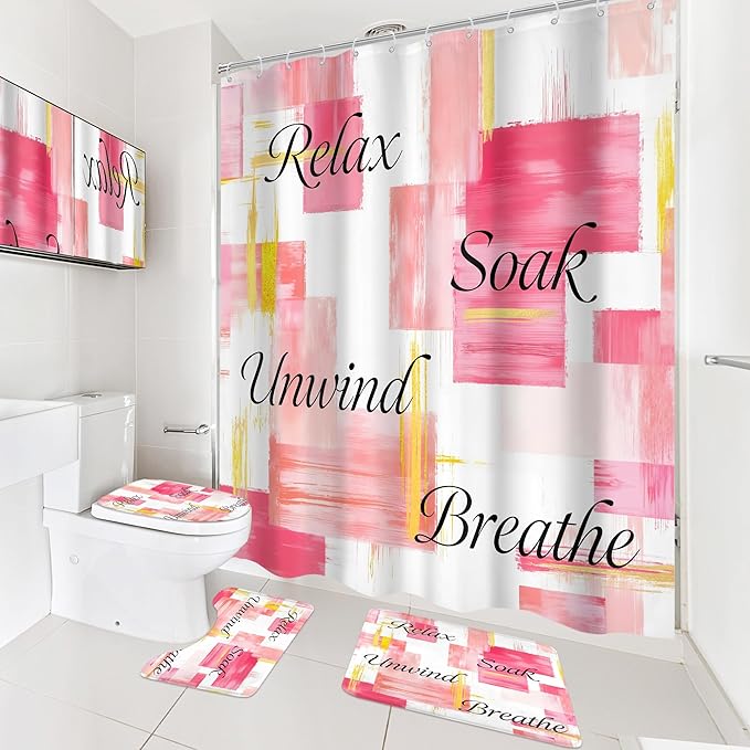 Cinbloo 4Pcs Pink Gold Shower Curtain Set,Modern Abstract Words Ombre Blush Oil Painting Girls Simple Bathroom Curtain with Rug, Toilet Lid Cover, Bath Mat,Minimalist Shower Curtain with 12 Hooks