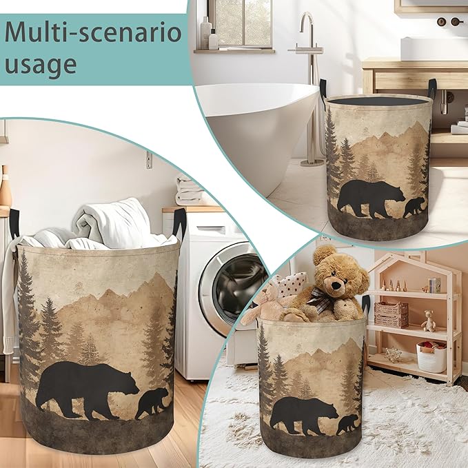 Vintage Forest Bear Round Laundry Hamper Storage Basket Toys Clothes Organizer Bin For Home Bathroom Bedroom Dorm Nursery