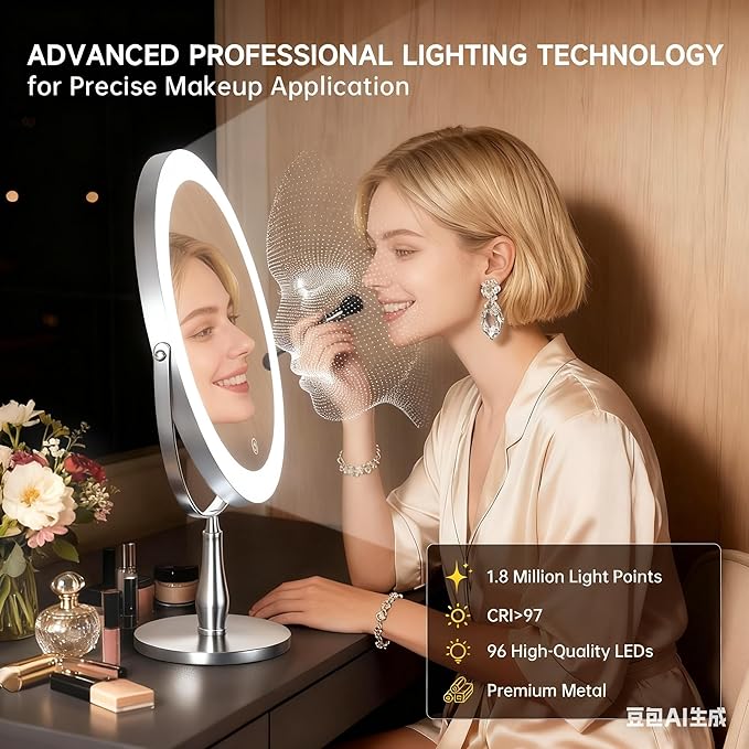 11.8" Extra Large Lighted Makeup Mirror, 1X/10X, 2-Sided Magnifying Mirror with 96 LEDs, 3 Color Dimmable Lights, 360° Swivel, LED Vanity Mirror, White - Great Gift Chrome