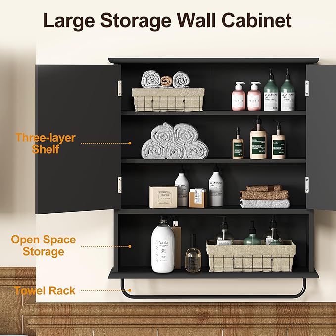RoyalCraft Bathroom Medicine Cabinet Wall Mounted, Over the Toilet Storage Cabinet with Towel Rack and Adjustable Shelf, Large Bathroom Towel Cabinet Wall Mount 22x25 inch (Black)