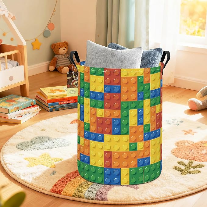 HUNRUNG Laundry Hamper,Large Canvas Fabric Lightweight Storage Basket Toy Organizer Dirty Clothes Collapsible Waterproof for College Dorms???Round-Colorful Blocks???
