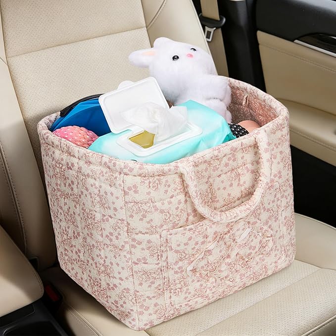 Quilted Fabric Basket Car Storage Basket Boho Floral Laundry Hamper for Nursery Bedroom & Living Room | Organize Clothes Toys