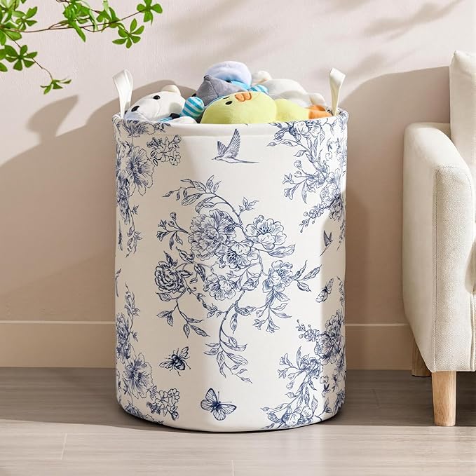 2Pcs Blue Floral Laundry Basket Cute Girls Nursery Hamper Kids Baby Flowers Room Decor Foldable Oxford Cloth Funny Tote Clothes Storage Bucket Organizer For Bedroom (Floral)