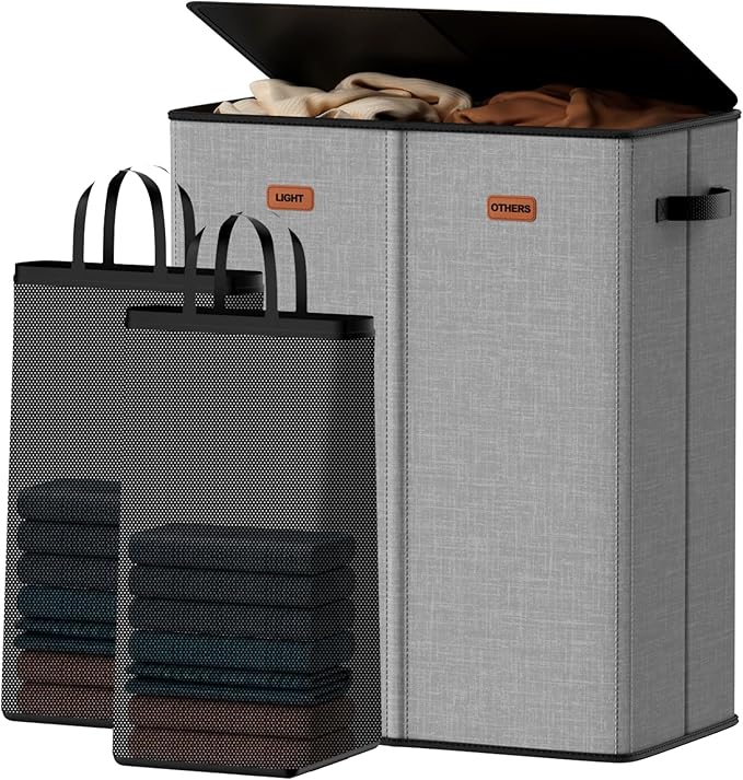 150L Double Laundry Hamper With Lid, Large Clothes Hampers with Removable Bag, Laundry Hamper 2 Section for Bathroom, Bedroom, Laundry Room, Dorm, Grey
