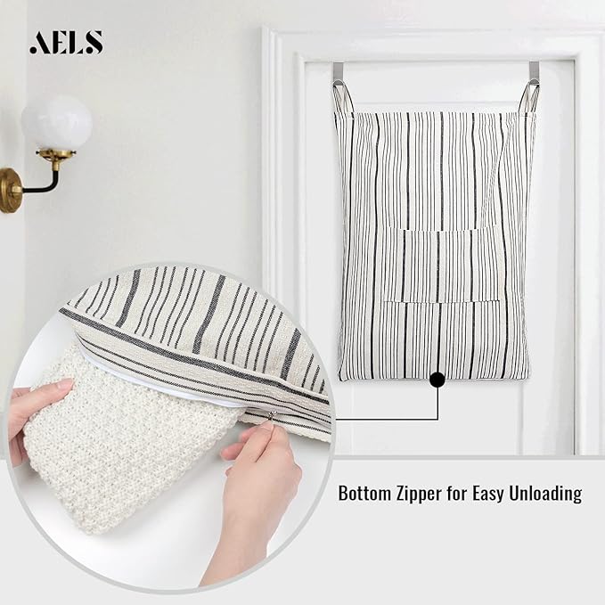 AELS Farmhouse Hanging Laundry Hamper with 2 Hooks, Washable Beige & Black Stripes Laundry Bag with Zipper & Wide Open Top, Over the Door Organizer for Dirty Clothes, Space Saving Storage