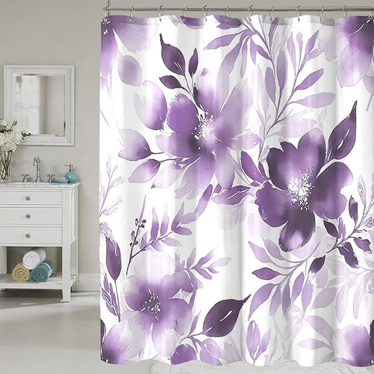 Floral Shower Curtain, Purple Watercolor Flower Shower Curtains for Bathroom, Modern Minimalist Waterproof Fabric Bath Decoration 72x72 Inch