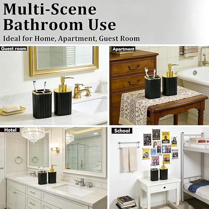 Bathroom Accessories Set 2 PCS- Black and Gold Bathroom Accessory Set, Bathroom Toothbrush Holder Set Includes Soap Dispenser and Toothbrush Holder for Boho Home Bathroom Decor