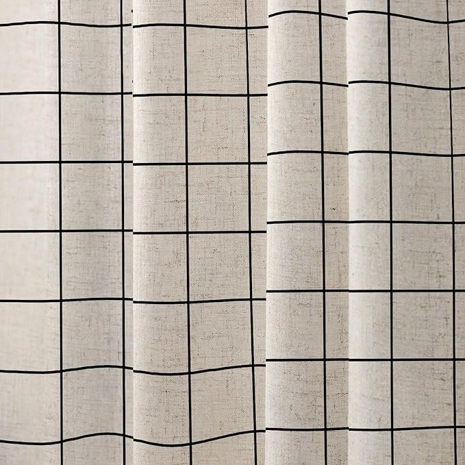 Extra Long Farmhouse Plaid Shower Curtain Beige Linen Shower Curtains for Bathroom Natural Black Pattern 84" L x 72" W Inch
