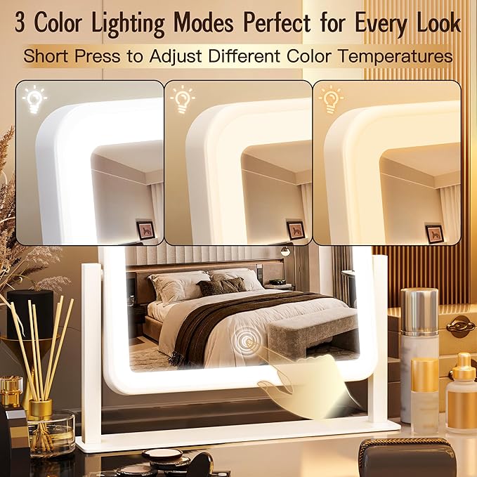 12" x14" Vanity Mirror with Lights,LED Makeup Mirror with Lights, Light up Makeup Mirror with 3 Color Modes, Dimmable＆ Memory Function, Lighted Mirror Makeup for Desk, Travel,White