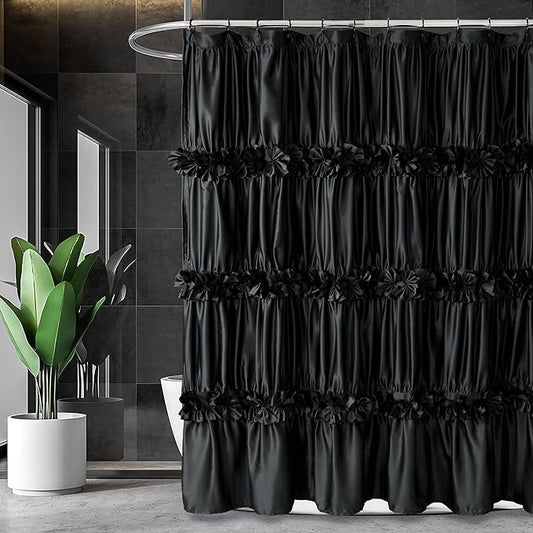 Black Ruffle Shower Curtain, Vintage Handcrafted Bow Tie Bath Curtain for Master Bathroom, Ruched Satin Bathroom Curtain with 12 Buttonholes, 72" W x 72" H (LQ-10)