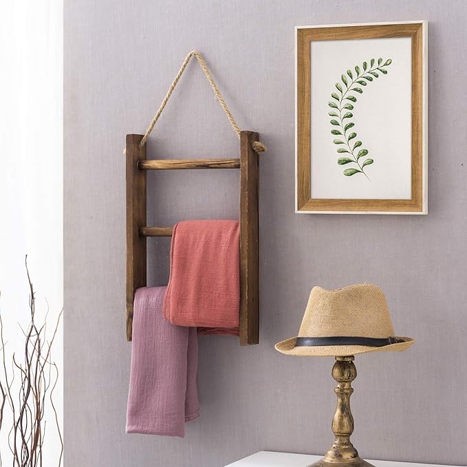 MyGift Rustic Dark Brown Wood Wall Hanging 3 Tier Hand Towel Ladder Rack, Bathroom Towel Storage Rack with Top Rope