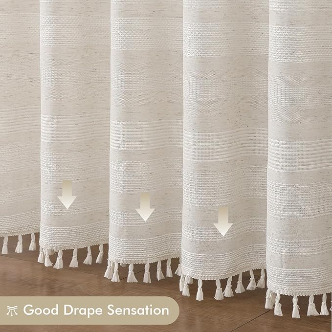 OVZME Natural Linen Shower Curtain for Bathroom, Boho Farmhouse Rustic Striped Shower Curtain with Tassel, Textured Heavy Duty Vintage Country Bathroom Curtain, 72Wx72L Inches