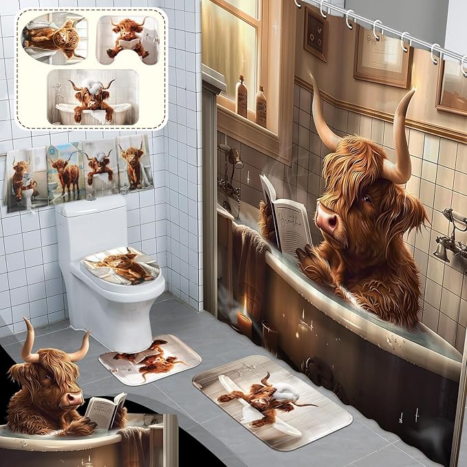 FuWeave 8 Pcs Highland Cattle Shower Curtain Sets for Bathroom Funny Highland Cattle Shower Curtain Sets with Rugs and Cow Towels, Include Non-Slip Rug, Toilet Lid Cover, Bath Mat and 12 Hooks