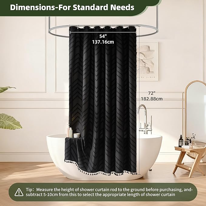 Stall Boho Shower Curtain Black Tassel Woven Fabric Shower Curtain 54 x 72 Modern Farmhouse Textured Tufted Chevron Striped Minimalist Bathroom Shower Curtain