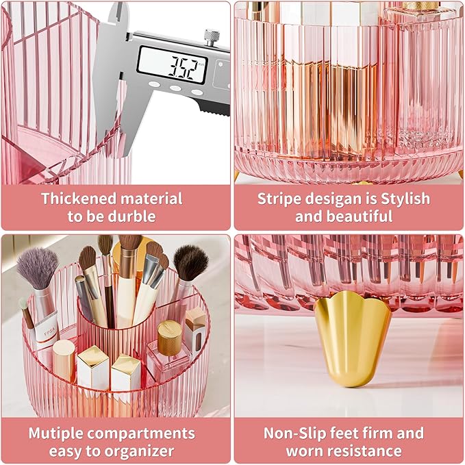 Clear Rotating Makeup Organizer Countertop for Vanity, 360?? Makeup Brush Holder Organizer with 5 Compartments, Transparent Cosmetic Storage for Lipstick, Skincare, Bathroom Counter (Transparent Pink)
