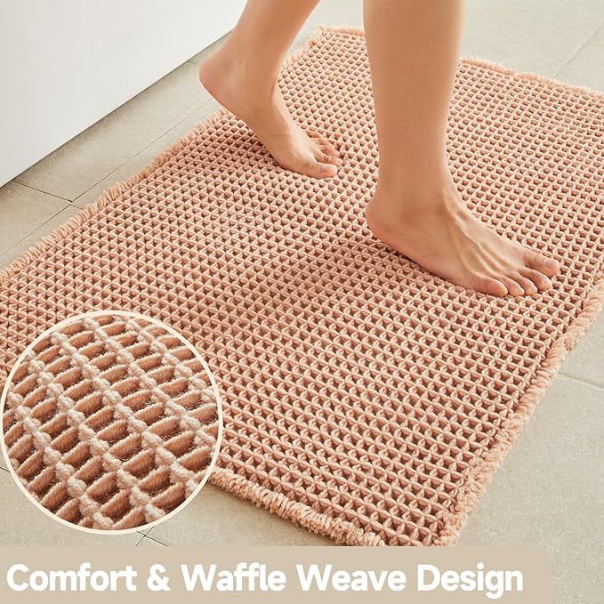 Waffle Bath Mat, Boho Bathroom Rugs Non Slip Washable Super Absorbent Quick Dry Bath Mat Farmhouse Bathroom Decor, 30"x20" Light Peach