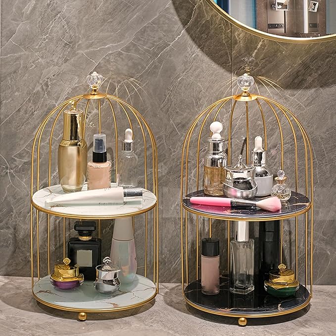 Double Layer Storage Shelf Bird Cage Organizer Display Rack for Bathroom Countertop Dressing Table Gold Frame (White Base Gold Pattern)