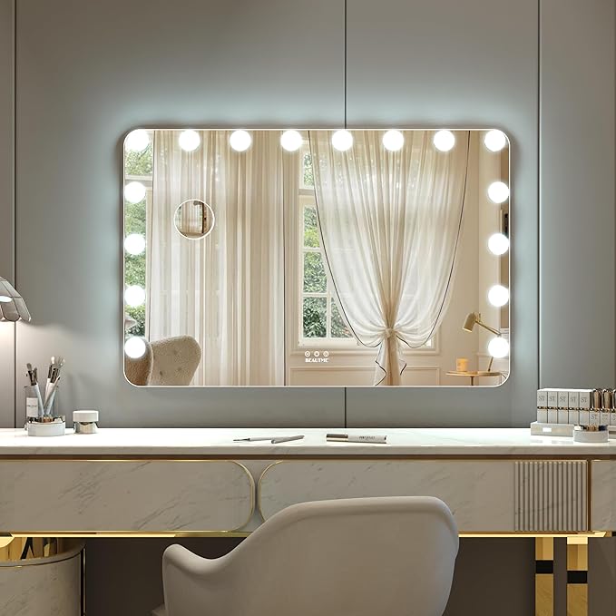 BEAUTME Large Vanity Mirror with Lights, 36''×24'' Makeup Mirror, Light up Mirror with 16 Dimmable LED Lights and 10X Magnification, 3 Lighting Modes, Touch Control