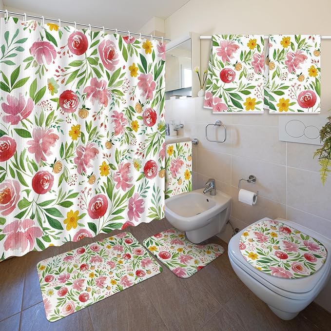 Nuanchu 6 Pcs Spring Shower Curtain Set with Rug Flower Bathroom Sets with Shower Curtain Bath Mat U Shaped Mat Toilet Lid Cover 2 Bath Towels and 12 Hooks Spring Flower Bathroom Decor