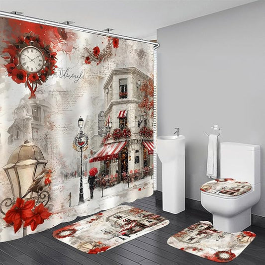 Chrainy 4Pcs Snowy Streets Shower Curtain Sets Red Floral Bathroom Set Decor with Non-Slip Rugs Bath U-Shaped Mat Toilet Lid Cover Waterproof Valentines Bathroom Curtains Shower Set with 12 Hooks