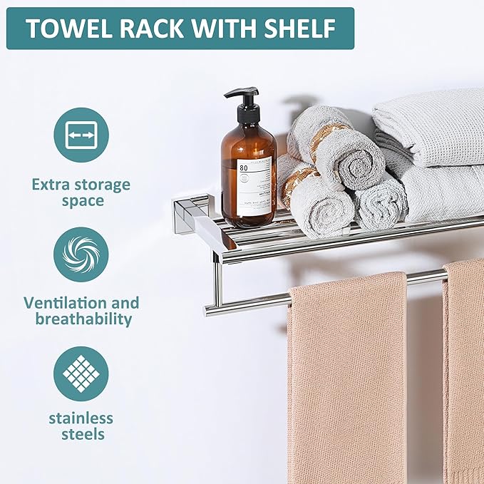 Alise Towel Racks for Bathroom Wall Mounted,24 Inch Bathroom Towel Rack with Tower Bar,Double Towel Racks for Bathroom,SUS304 Stainless Steel Bathroom Towel Holder Polished Chrome