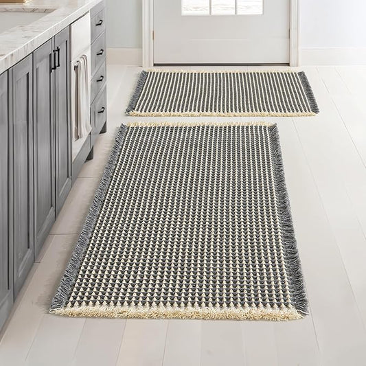 MIULEE Set of 2 Waffle Bathroom Rugs, Boho Bath Rugs Non Slip Washable, Super Absorbent Bath Mats, Ultra Soft Rubber Backed Shower Mats for Bathroom Floor, Tub, Dark Grey & Yellow, 17"x24"+18"x30"