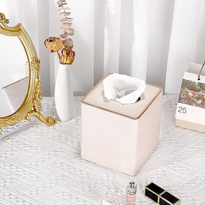 Sumnacon Square Linen Tissue Box Cover - Stylish Cube Tissue Box Holder with Magnetic Bottom, Decorative Tissue Box for Vanity Toilet Tank Dresser Night Stand Table Countertop Office Car, Beige