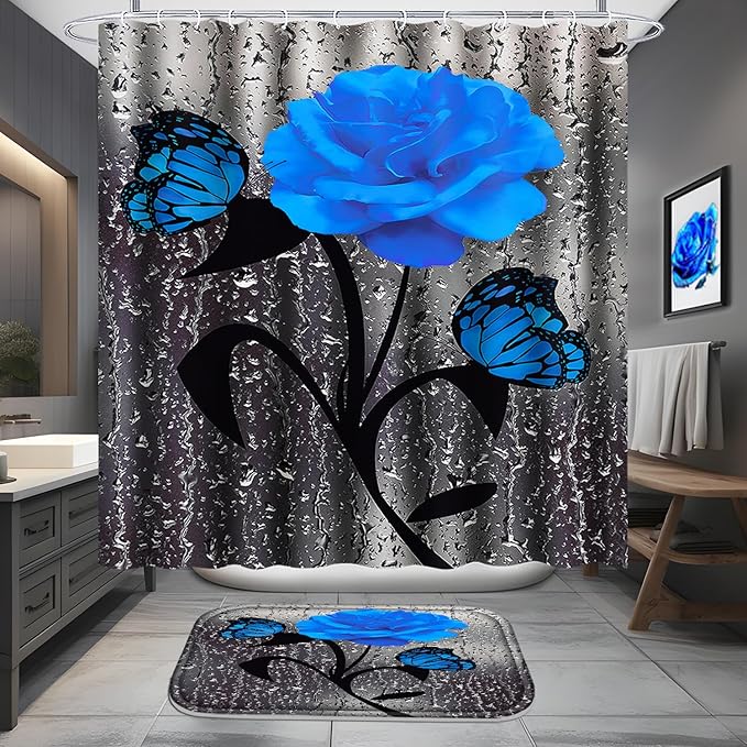 Poedist 4 Pcs Bathroom Set,Blue Rose Shower Curtain Sets, Floral Shower Curtain Sets with Rugs(Bath Mat,U Shape and Toilet Lid Cover Mat) and 12 Hooks