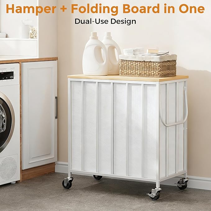 120L Laundry Hamper with Wheels and Lid, Rolling Laundry Basket with Dual Removable Liners, Soft-Close Flip-Top Wooden Lid, Metal Handles, Clothes Organizer for Bedroom and Laundry Room