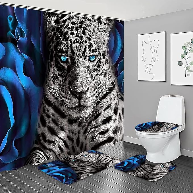 NBVKO 4PCS Blue Rose and Leopard Shower Curtain Set with Non-Slip Rugs,Toilet Lid Cover and Bath Mat,Bathroom Decor Accessory Set