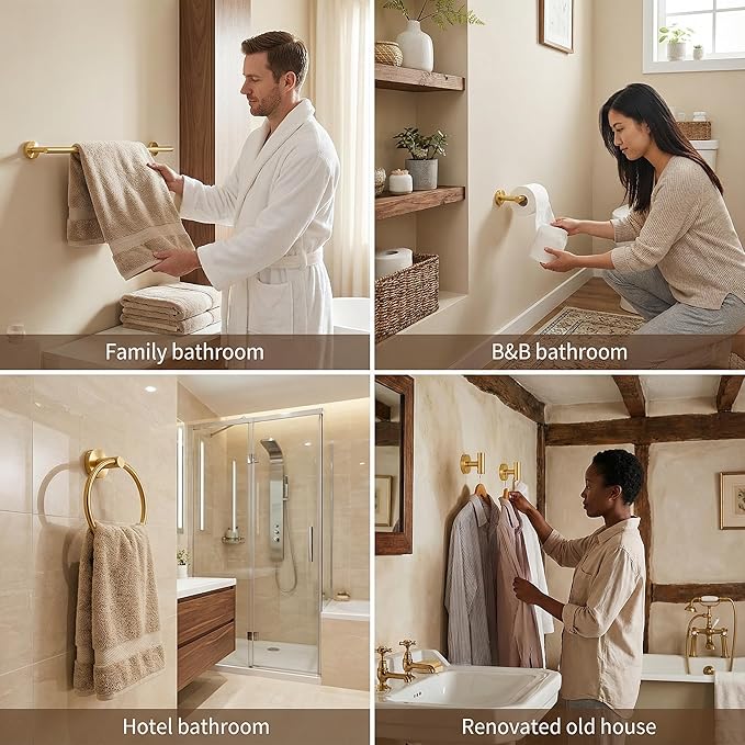 5-Piece Bathroom Hardware Set, Gold SUS304 Stainless Steel Bathroom Accessories Kit, Includes 24" Towel Bar, Toilet Paper Holder, Towel Ring & 2 Robe Hooks, Wall Mounted, Rustproof Modern Design
