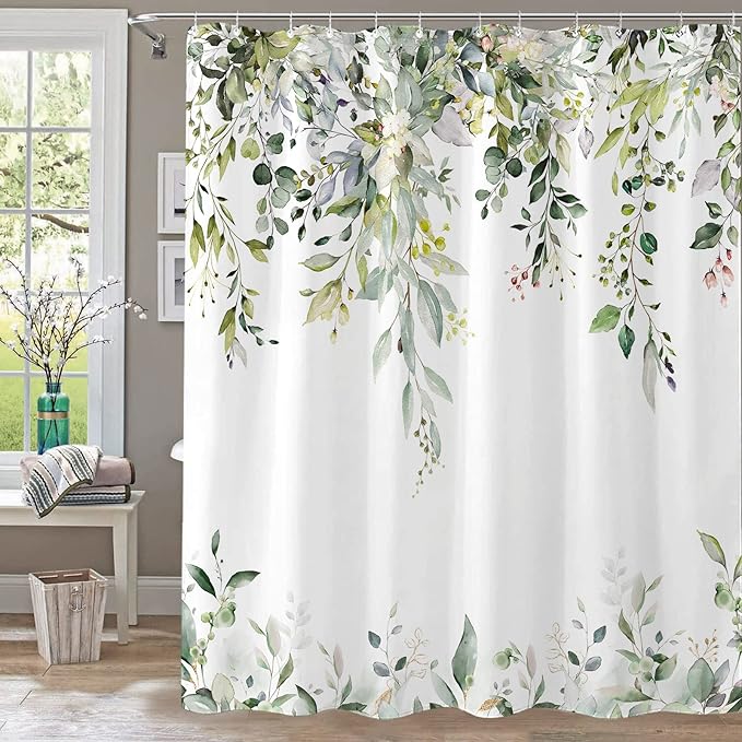 kampdream Eucalyptus Plant Rustic Shower Curtain, Watercolor Leaves On The Top Country Farm House Shower Curtain, Spring Botanical Bathroom Curtain 72 ×84 Inch