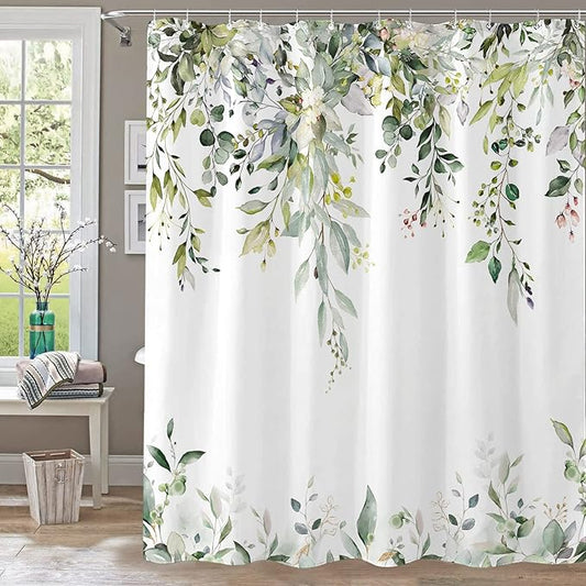 kampdream Eucalyptus Plant Rustic Shower Curtain, Watercolor Leaves On The Top Country Farm House Shower Curtain, Spring Botanical Bathroom Curtain 72 ×78 Inch