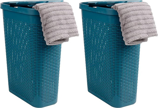 Mind Reader Slim Laundry Hamper with Lid, 40L Clothes Basket, Narrow Tapered Design with Ventilated Cutout Pattern, Plastic, Set of 2, Blue