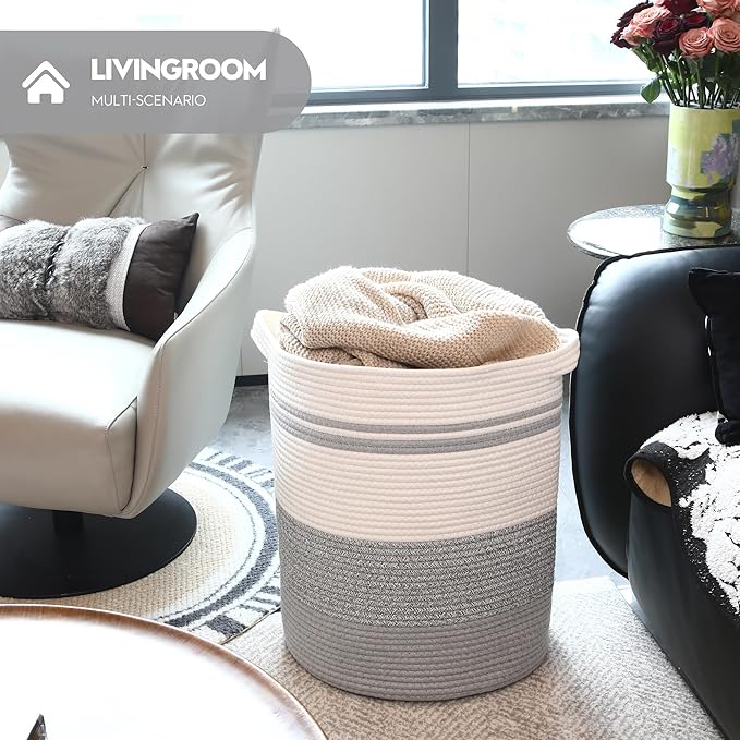Sea Team Large Size Cotton Rope Woven Storage Basket with Handles, Laundry Hamper, Fabric Bucket, Drum, Clothes Blankets Organizer for Kid's Room, 18 x 20 inches, Round Open Design, White & Grey