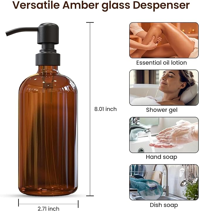 Sunrise Premium 4 Pack Amber Glass Soap Dispenser 16 OZ with Matte Black Stainless Steel Pump, Hand and Dish Soap Dispenser Set for Bathroom and Kitchen Sink with 12 Waterproof Labels