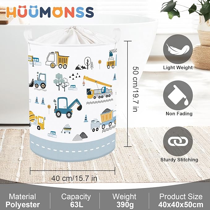 Cars Laundry Hamper Cartoon Vehicle Large Storage Basket Collapsible Parents Organizer Boy Toy Clothes Bins for Bedroom, Bathroom, Crane, 63L