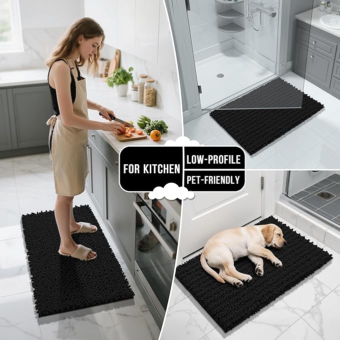 Yimobra Bathroom Runner Rug 70x24 Inch - Extra Long Non Slip Chenille Bath Mat, Soft & Absorbent, Machine Washable Shaggy Hallway Carpet for Vanity Tub Shower, Black Home Decor Accessories