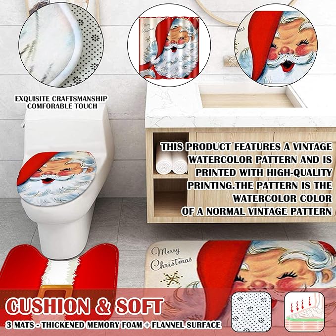 Drydiet 4 Pcs Fall Shower Curtain Sets 71 x 71 in Autumn Non Slip Rugs Toilet Lid Cover Bath Mat and 12 Hooks Fall Bathroom Shower Curtain for Thanksgiving Harvest Farmhouse Home Decor(Christmas)