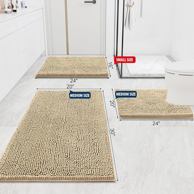 Smiry Luxury Chenille Bathroom Rugs 34x21, Extra Soft and Absorbent Shaggy Bath Mat, Machine Washable, Non-Slip Plush Carpet Runner for Tub, Shower, and Floor, Home Decor Accessories, Beige