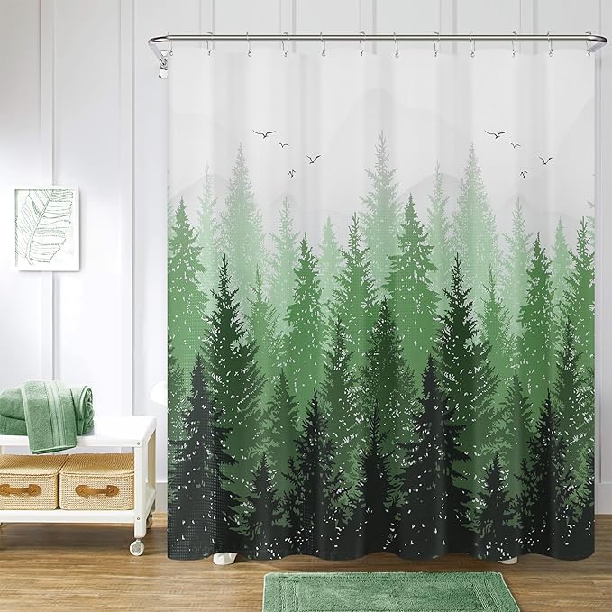 Hokibero Spring Forest Green Plant, Grey Mountain Nature Tree Fabric Shower Curtains for Bathroom Water Repellent Woodland Shower Curtain, 72 x 72 inch
