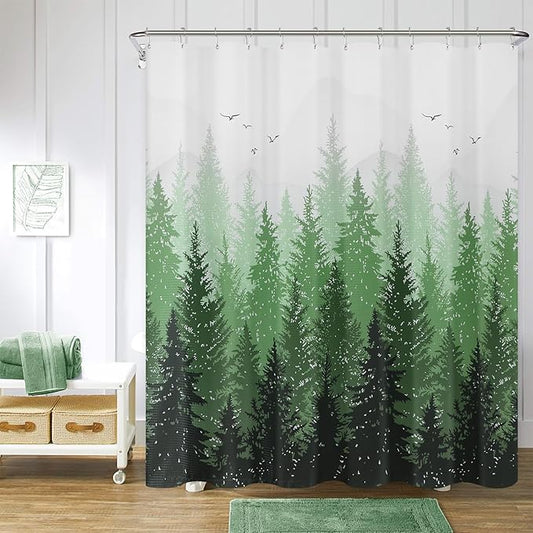 Hokibero Spring Forest Green Plant, Grey Mountain Nature Tree Fabric Shower Curtains for Bathroom Water Repellent Woodland Shower Curtain, 72 x 72 inch