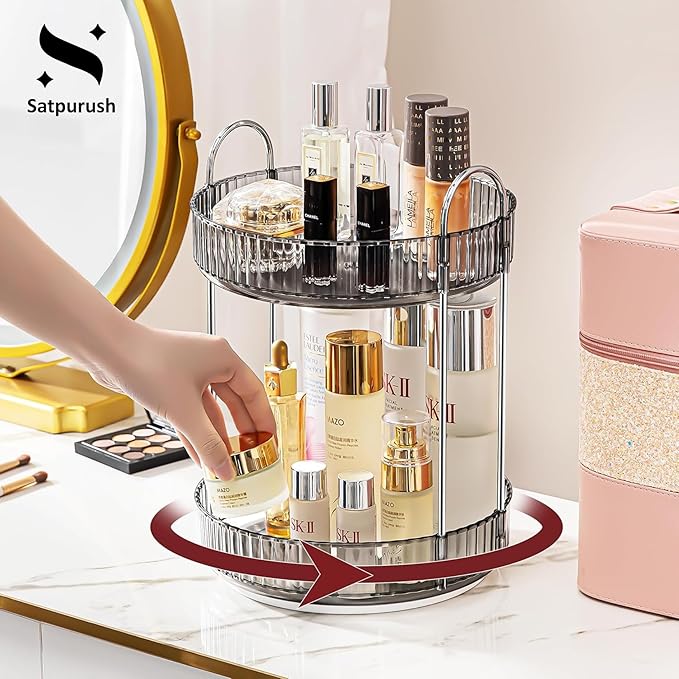 360° Rotating Makeup Organizer, 2 Tier Spinning Cosmetic Organizer for Vanity & Bathroom Countertop, Holds Tall Skincare Bottles, Perfume & Beauty Accessories – Clear Grey