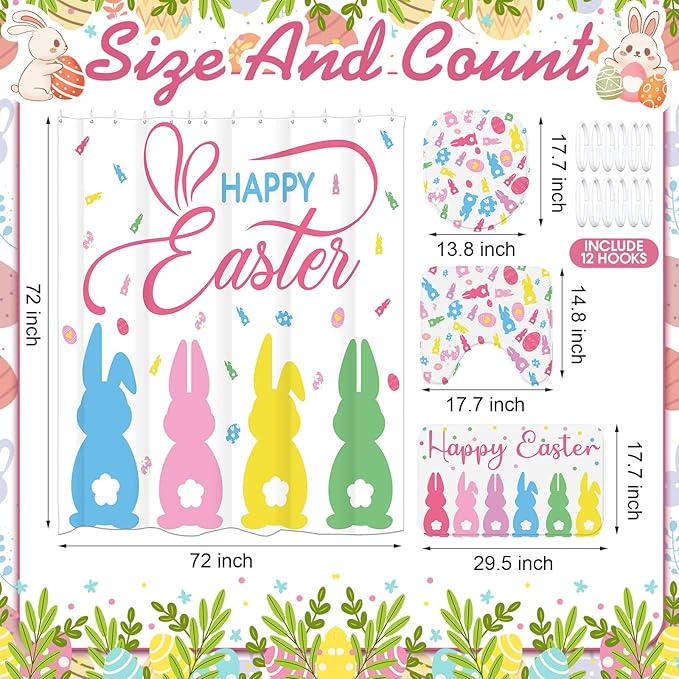Remagr 4 Pcs Easter Shower Curtain Set for Bathroom Easter Bathroom Curtain Include Bunny Shower Curtains Non Slip Rug Toilet Lid Cover U Shaped Bath Mat and 12 Hooks for Home Indoor Decor