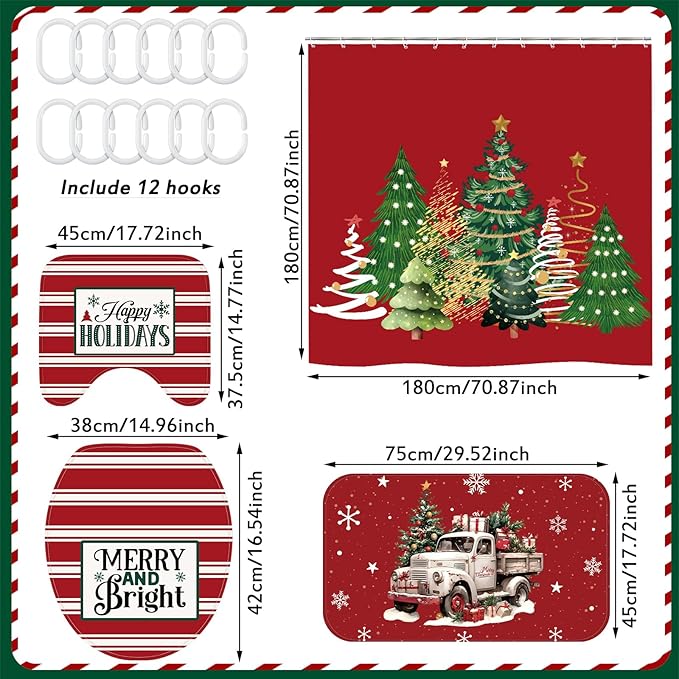 Drydiet 4 Pcs Christmas Shower Curtain Set Bathroom Decoration Non Slip Rugs Mat Toilet Lid Cover Shower Curtain for Xmas Holiday Farmhouse Home Bathroom Decor(Red Christmas)